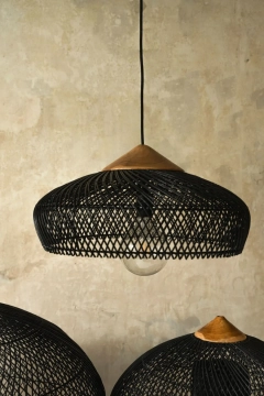 Rattanowy klosz z drewnem teakowym - L - Czarny - BONNET I Bally Hands