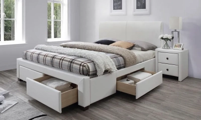 Łóżko tapicerowane z szufladą białe 160x200 cm Modena 2