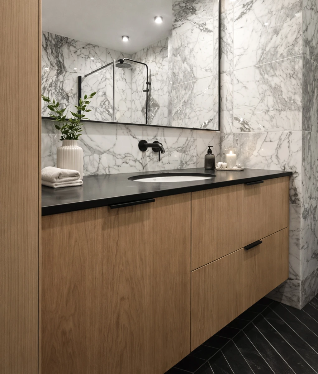 Szafka umywalkowa z forniru dębowego z czarnym blatem Szafka umywalkowa z forniru dębowego z czarnym blatem