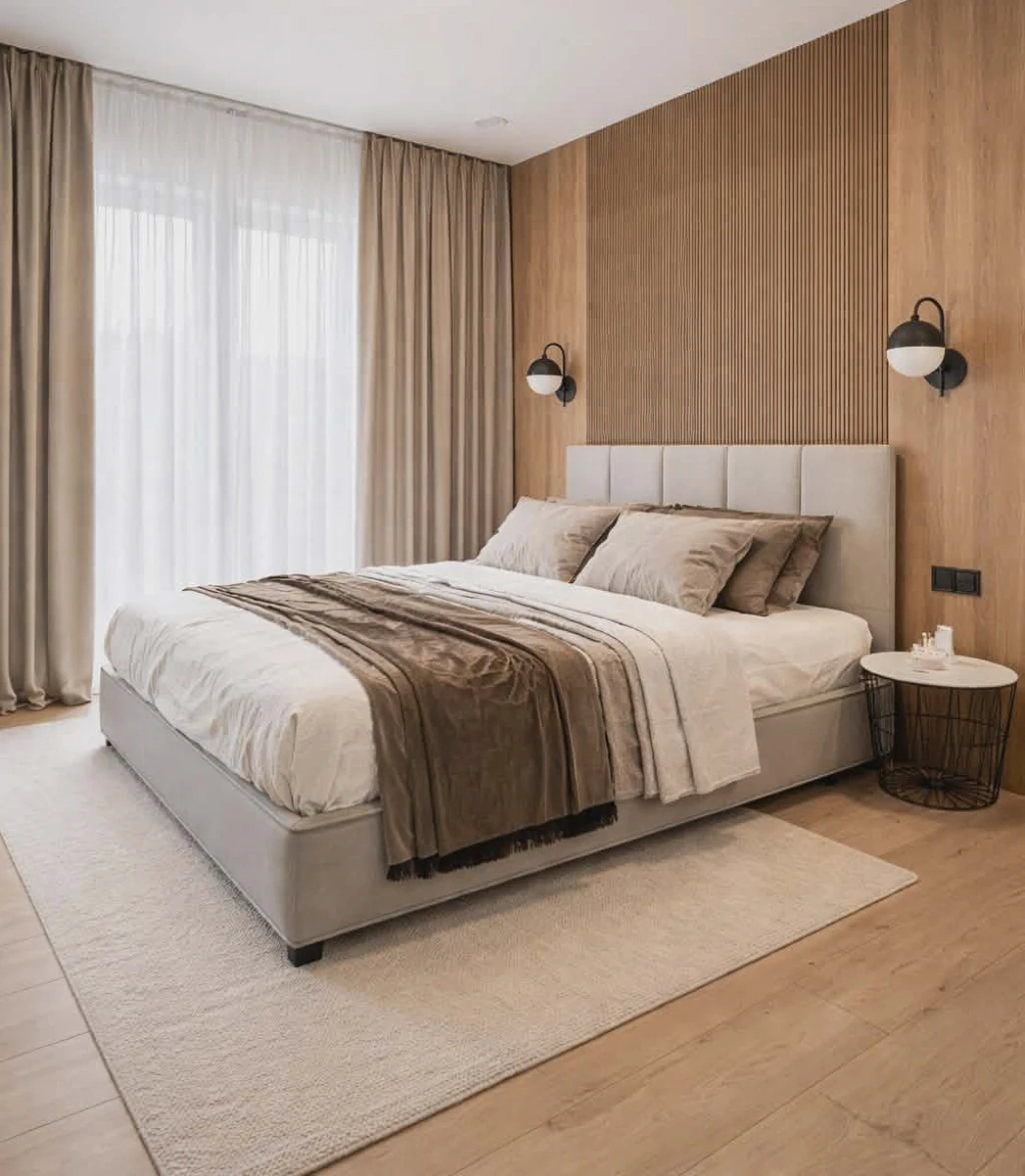 Sypialnia w beżach z drewnem