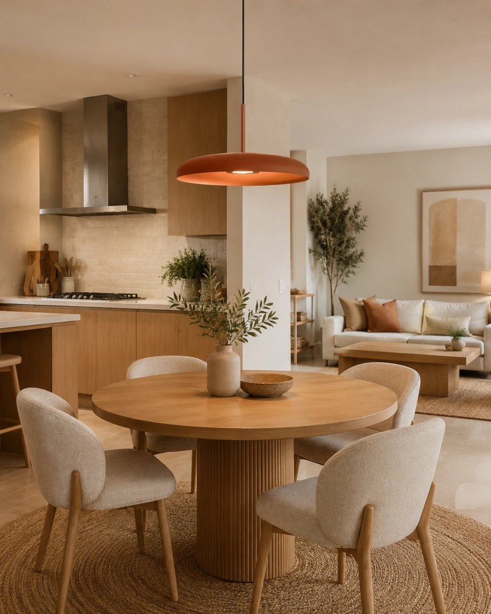 Lampa nad okrągłym stołem - jak dobrać ją do kuchni otwartej na salon?