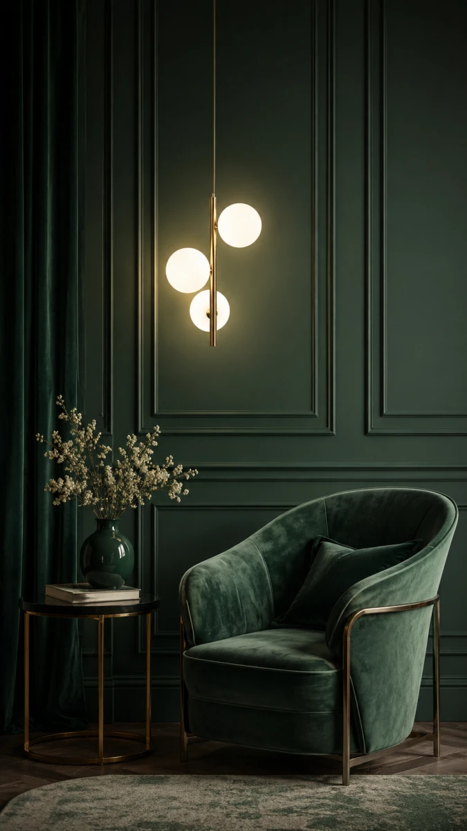 Złota lampa z kulami na tle zielonej ściany – elegancki akcent do salonu glamour