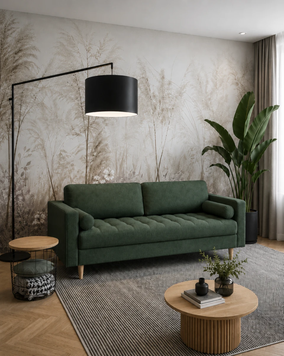 Zielona sofa na tle botanicznej tapety