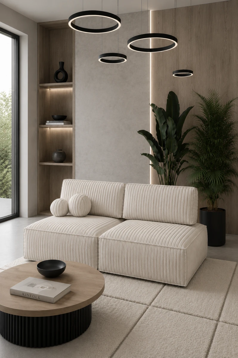 Kremowa, minimalistyczna sofa w nowoczesnym wnętrzu 