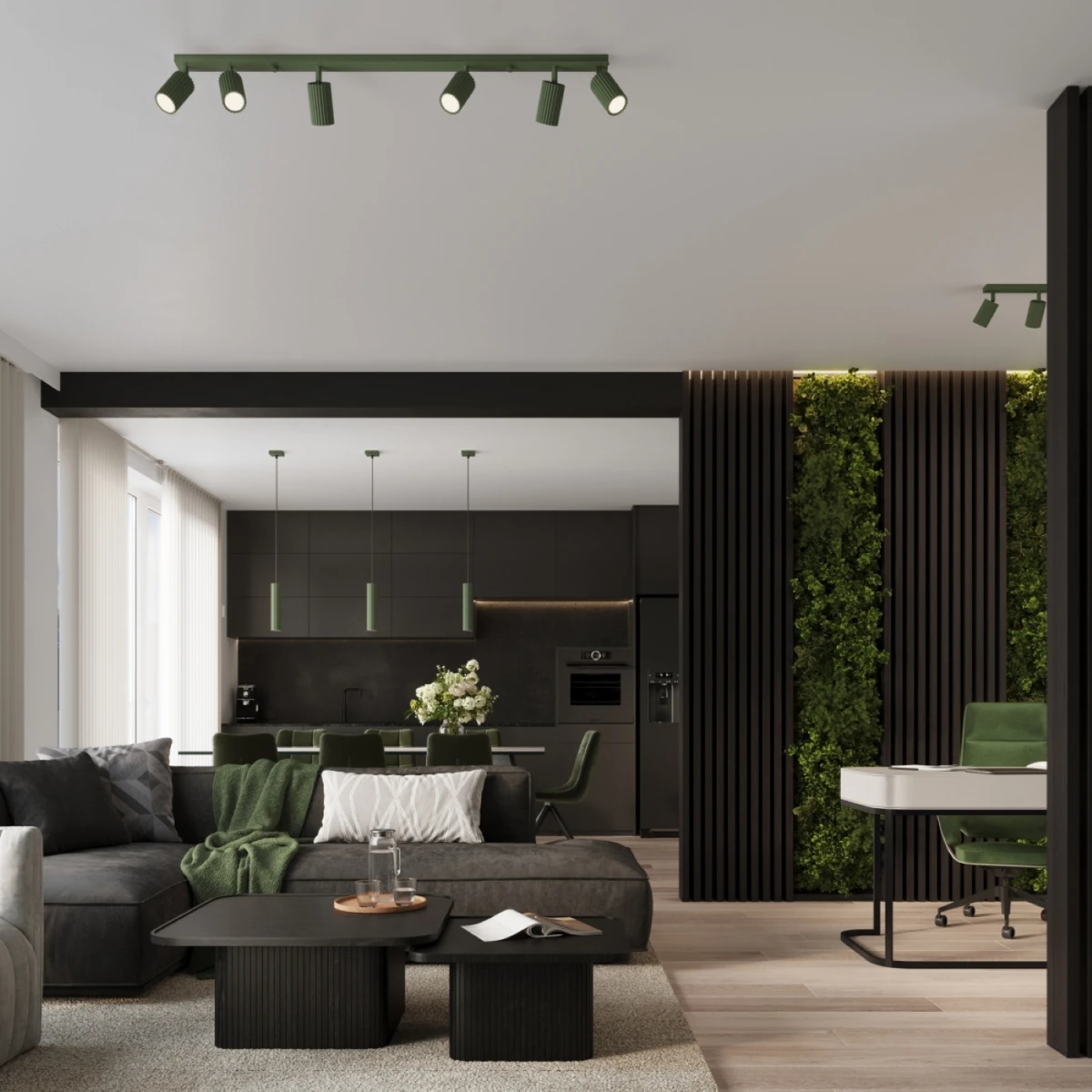 Elegancki salon z ciemną zabudową i zielonymi akcentami roślinnymi
