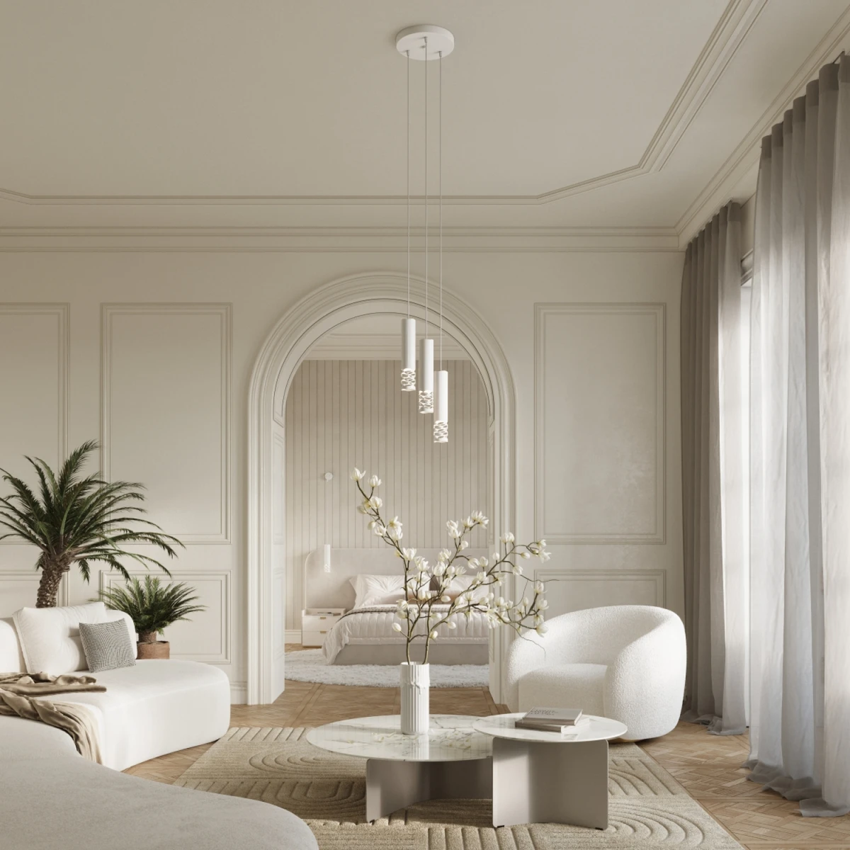 Elegancki salon z łukowym przejściem i sztukaterią