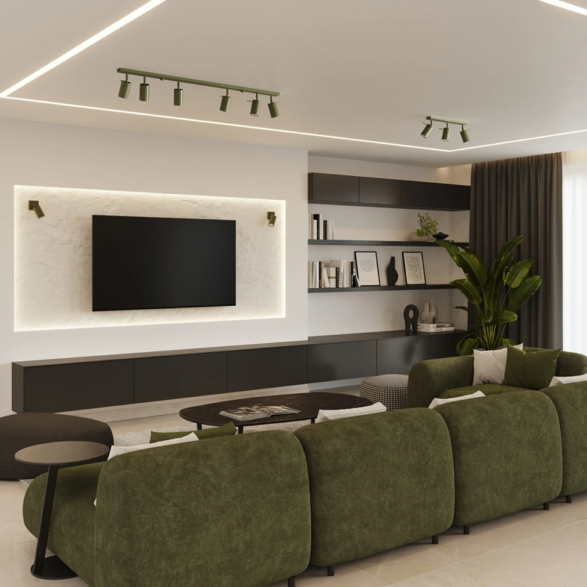 Salon z oliwkową sofą i zielonymi plafonami